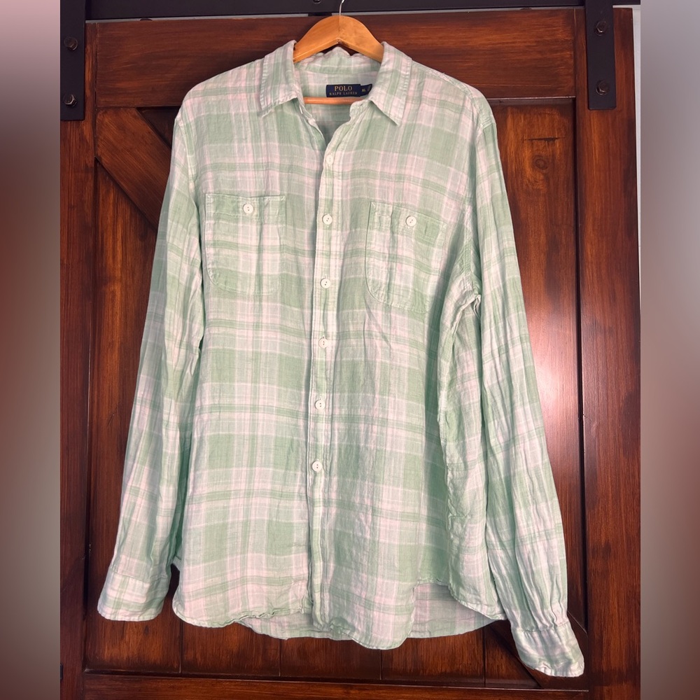Polo Ralph Lauren Linen Light Green and White Plaid Men's‎ XL Long Sleeve Shirt